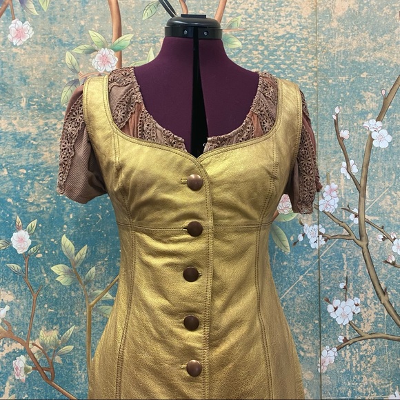 NWT Free People Women's Goldie Leather Mini Dress Gold - Picture 4 of 8